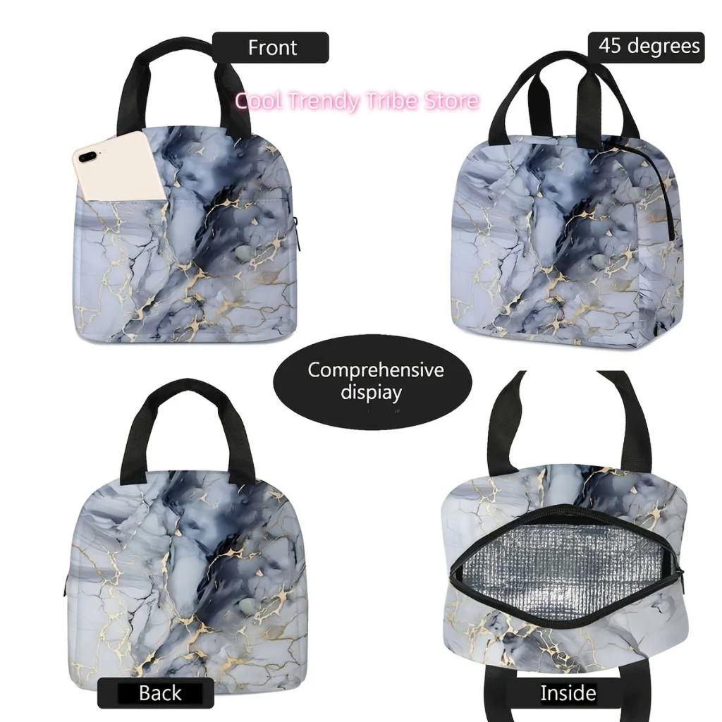 Marble-pattern Printed Tote Lunch Bag, Women's Insulated Bag, Clutch, Outdoor Picnic Storage Bag, Non-food Contact