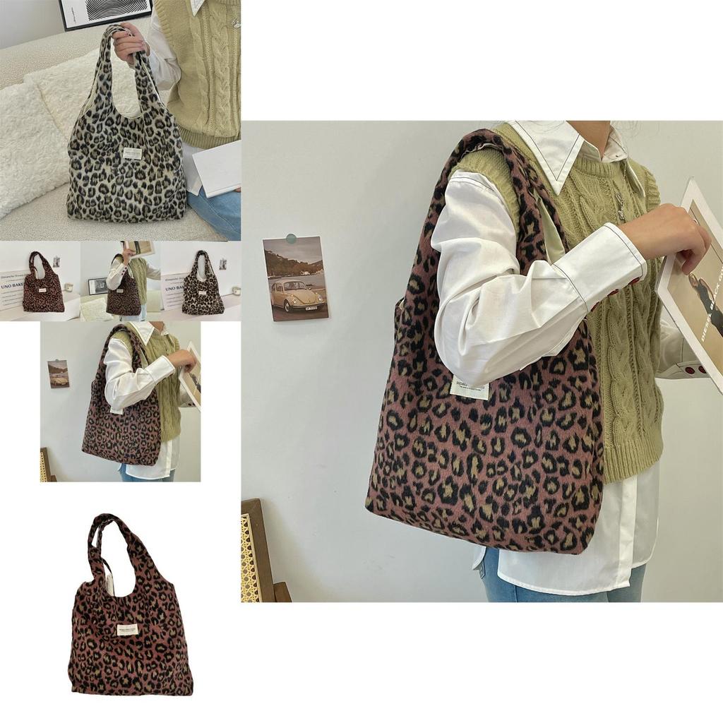 Chic And Trendy Wool Leopard Print Shoulder Tote Bag For Daily Fashion Needs