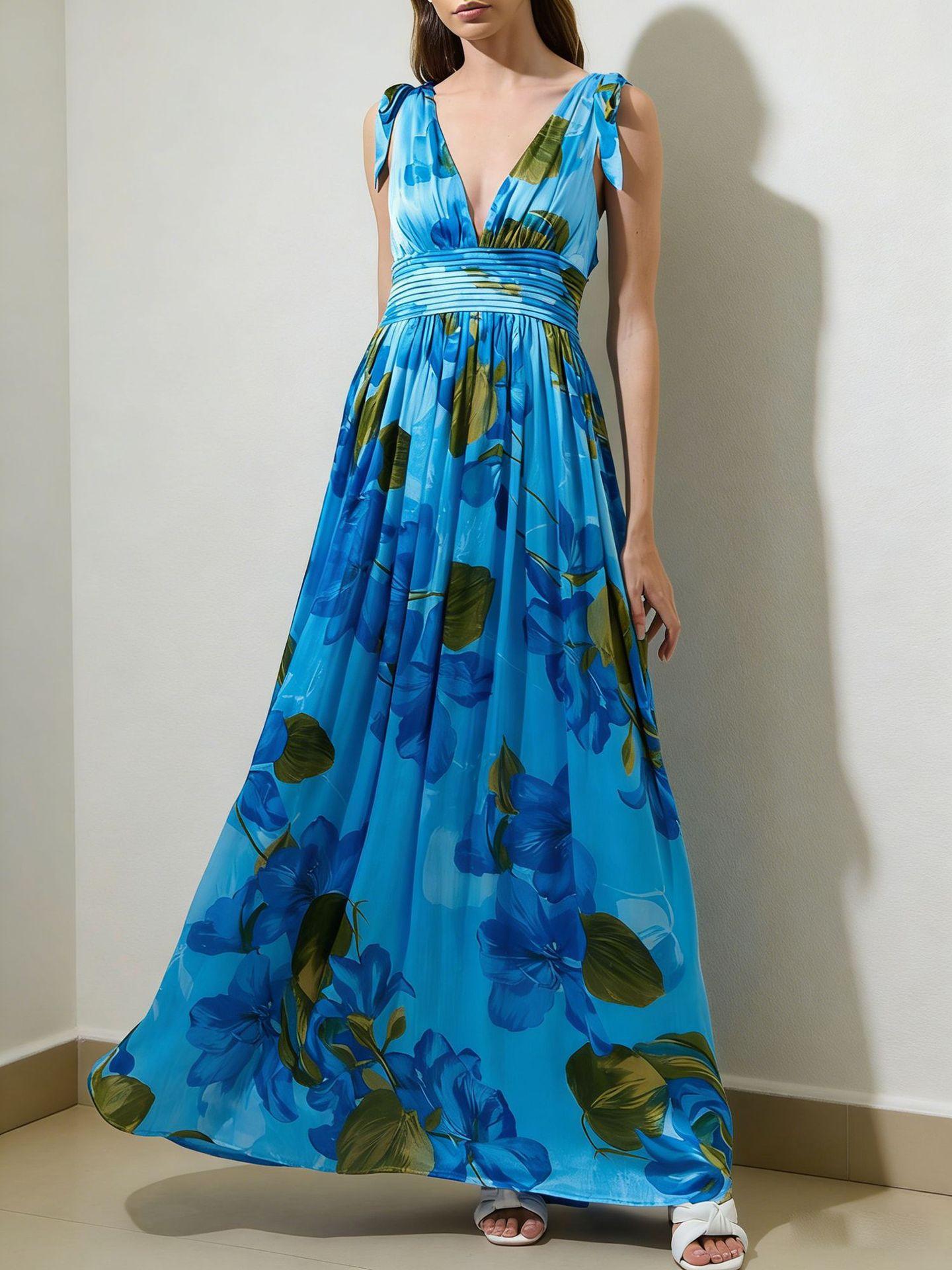 Europe, America 2026 summer sexy deep V-neck floral print bohemian vacation style long pleated dress women S синий