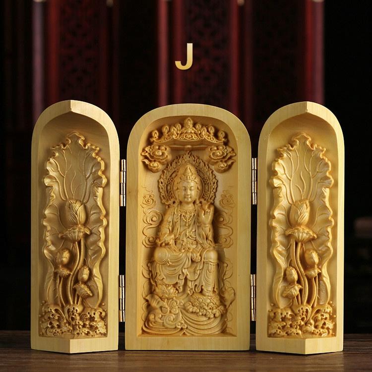 1 Stück Exquisite Buchsbaum-Schnitzerei Guanyin Buddha Statue Westliche Drei Heilige Holzschnitzkunst Handwerk Heimdekoration