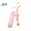 Flower Charm with Wood Beads Silicone Keychain Faux Leather Wristlet, Car Key Floral Ring Pendant Pendant, Handbag Backpack Women