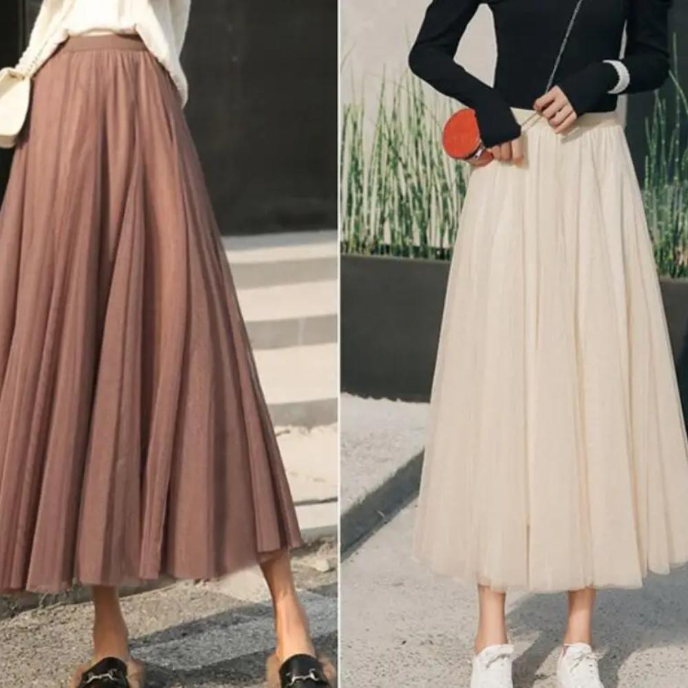New Women Mesh Elastic Tutu Skirt Beach Spring Summer Korean High Waist Fashion Pleated Long Skirt Black White Tulle Skirts