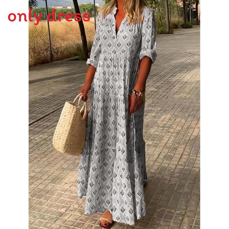 Polyester Vintage Long Dress With 3d Print And Pleated Style For Casual Fashion