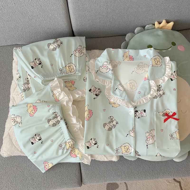 Mengqu puppy style imitation cotton pajamas women's summer lace short-sleeved loungewear three-piece set