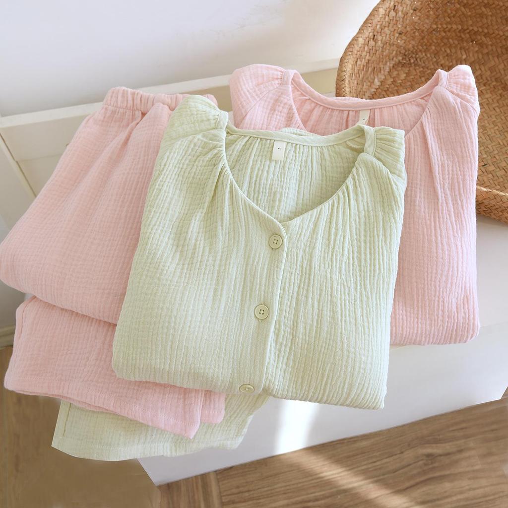 Women's Cotton Gauze Double-Layer Long Pajama Set with Chest Pads