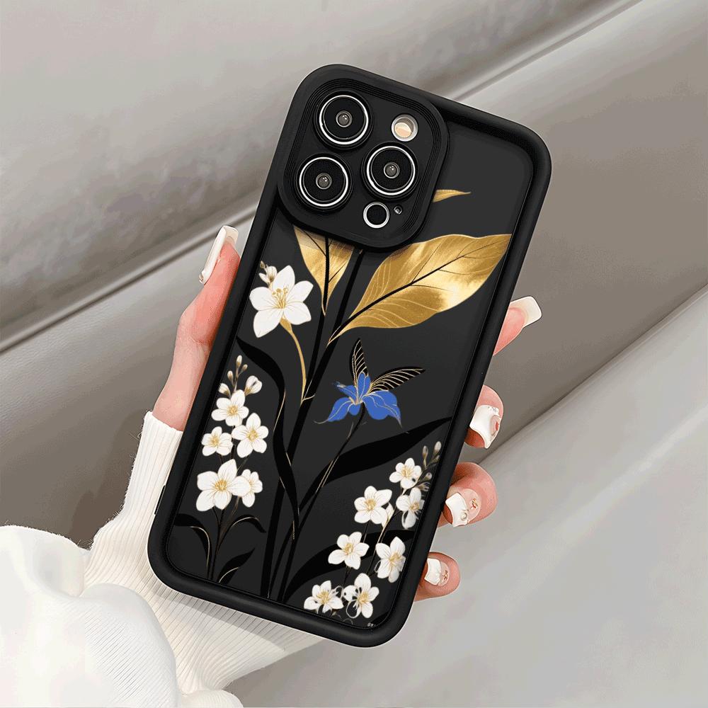 Goldblatt Florales Design Weiche TPU Handyhülle für iPhone 16 15 14 13 12 11 Pro Max Plus Stoßfest Anti-Rutsch Abdeckung