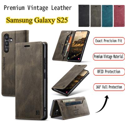 Carteira Case de Couro Vintage Premium para Samsung Galaxy S25 - Capa Flip com Compartimentos para Cartões, Estilo Retro à Prova de Choque (4 cores)