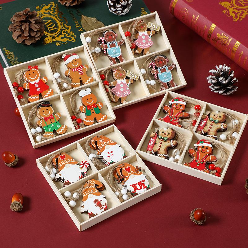12 Colorful Gingerbread Man Pendants in Wooden Box - New Christmas Tree Ornaments