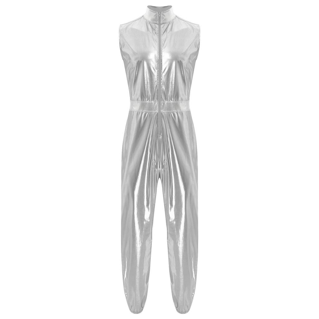 Herren glänzender metallischer ärmelloser Reißverschluss Ganzkörper-Jumpsuit Bodysuit