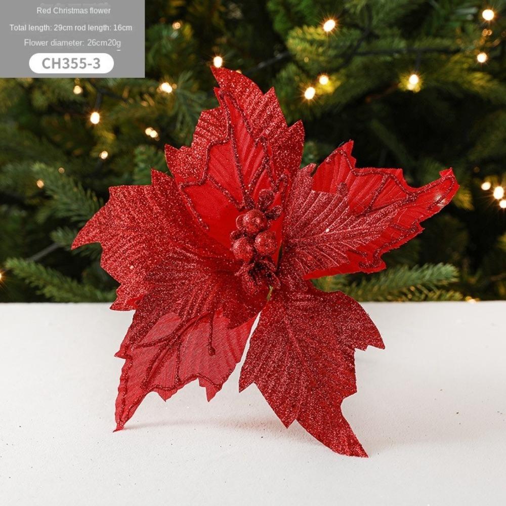 

New 26cm Poinsettia Glitter Flower Large Fake Flowers Christmas Flowers Hanging Ornaments DIY Xmas Tree Decorations красный
