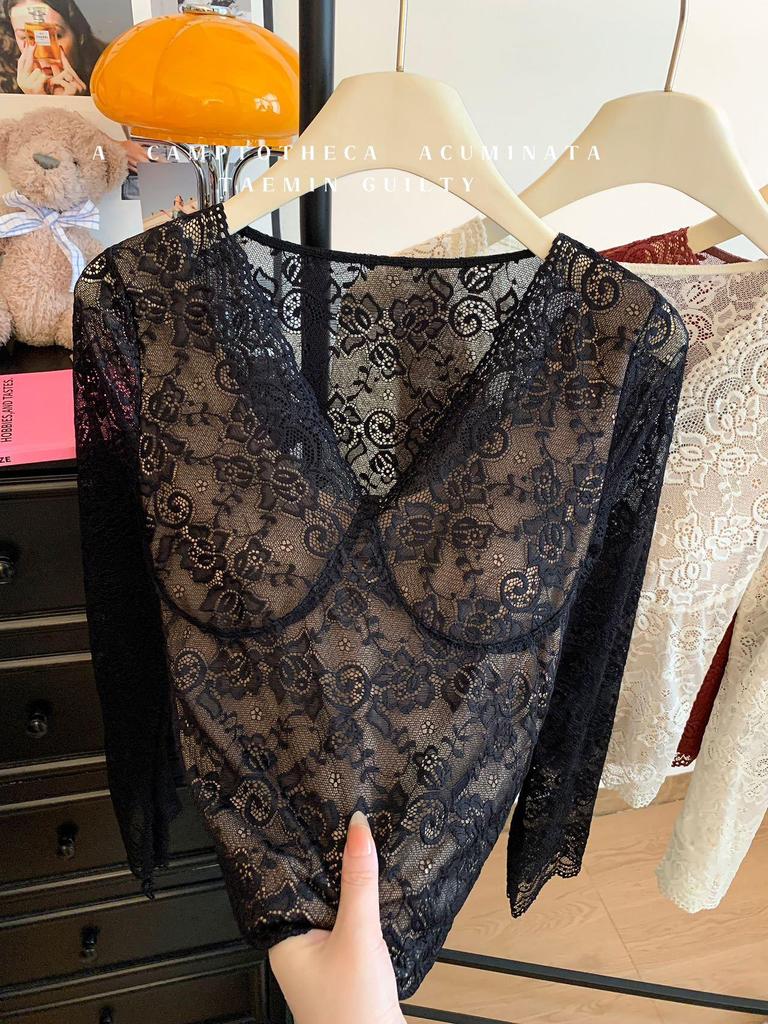 Lace Sexy V-neck Women's Long Sleeve T-shirt with Chest Pads