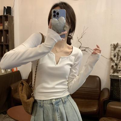 Chic Collar Exposed Collarbone Careful Machine Pure Desire Long-sleeved T-shirt Spring Short Spice Girl Inner Top