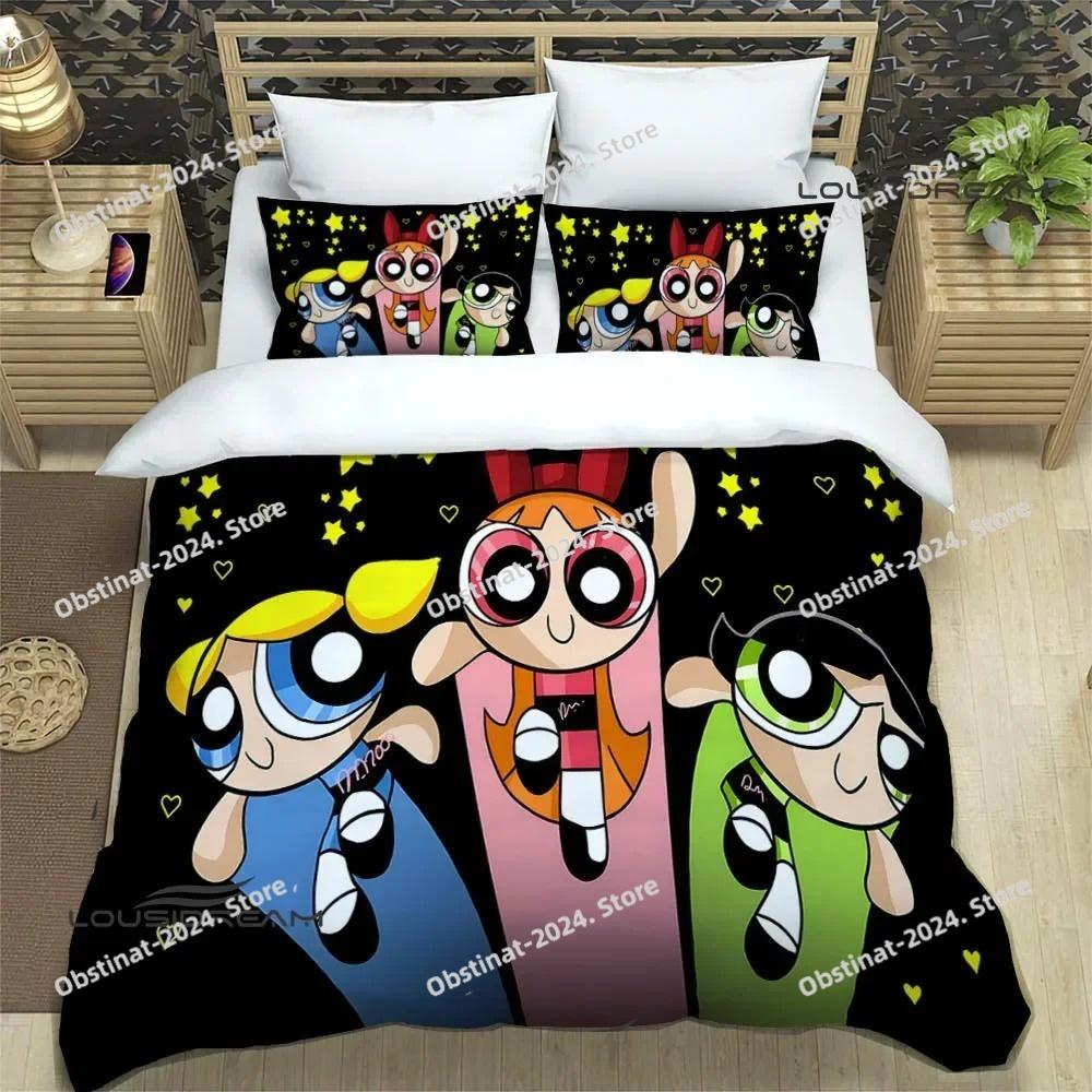 3D P-Powerpuff-Girls Cartoon Bedding Set Printed Bed Set Duvet Cover Sheet Pillowcase Bed Soft Quilt Cover Full Queen King Size