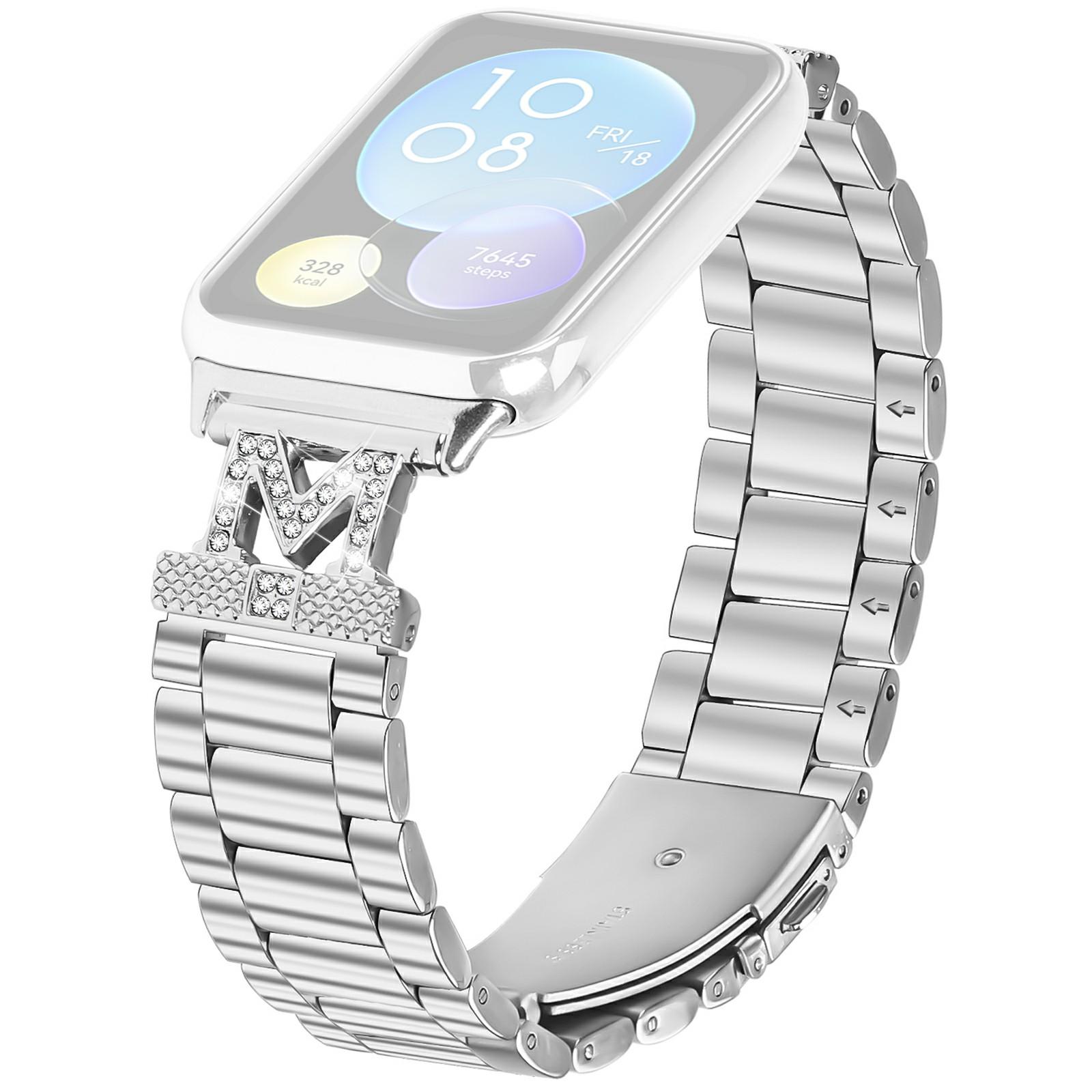 

For Xiaomi Smart Band 8 Pro Strap Rhinestones Decor Silver Stainless Steel 3-Bead Watch Band As shown A