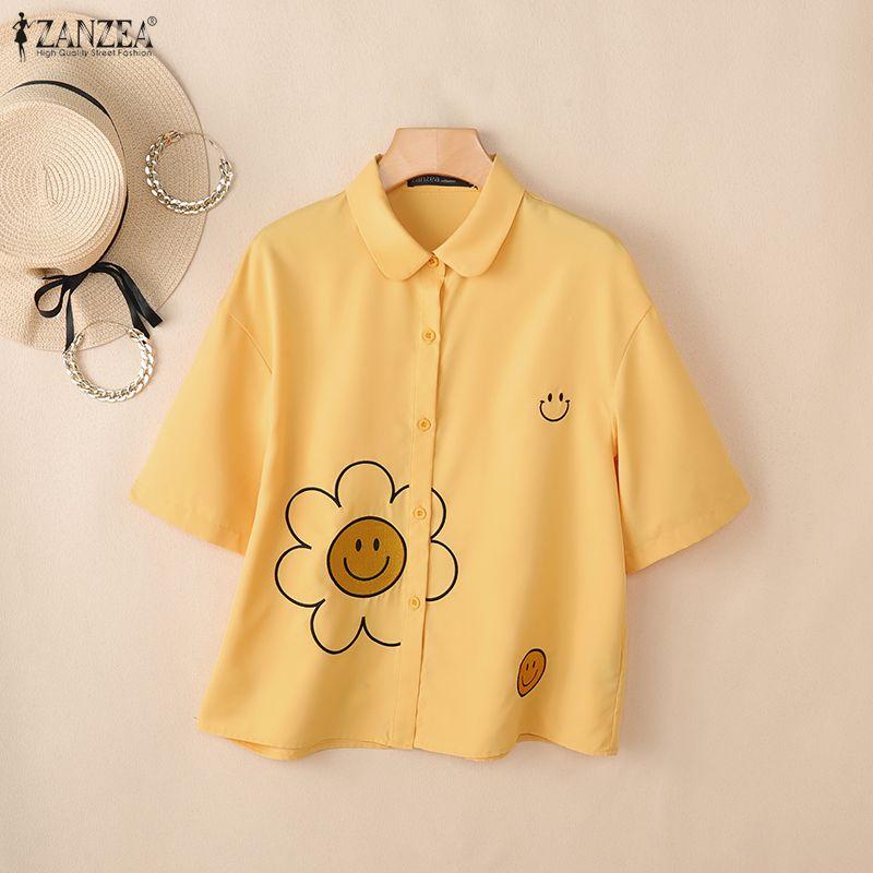 ZANZEA Blusa Casual de Mujer con Cuello Vuelto, Manga Corta Suelta y Estampado