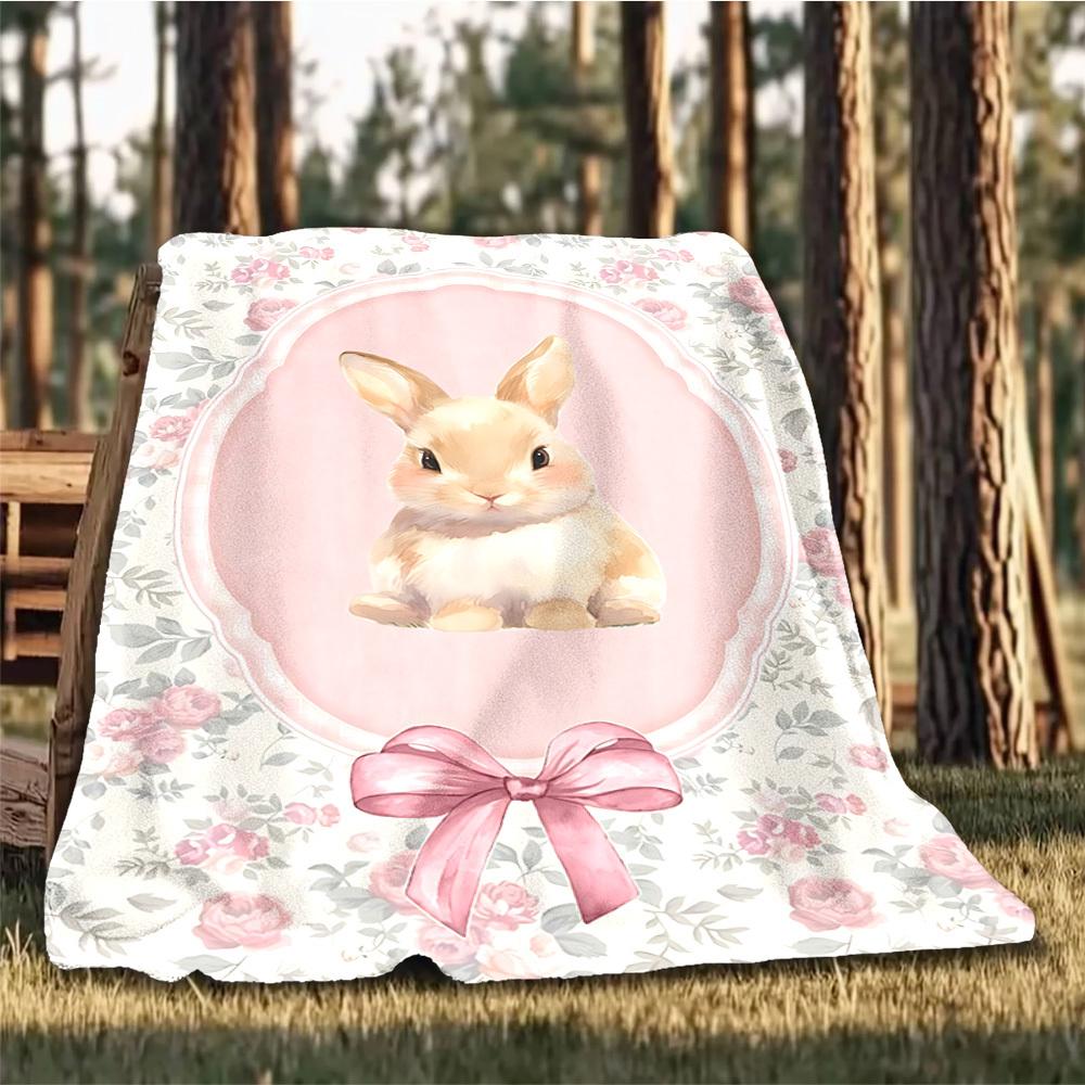 1pc Bunny Print Outdoor Flannel Blanket , Machine Washable Perfect Gift for Birthday , Holiday Travel Accessory , Durable Material