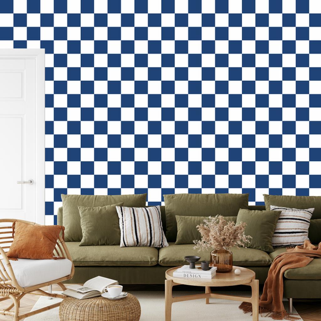 Blue and white checkerboard wallpaper for living room and bedroom 50x1000