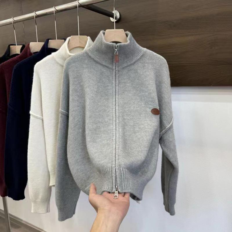 Women's Korean-Style Double Zipper Stand Collar Knit Cardigan - Loose Fit, Casual, Autumn/Winter 2024 Sweater Coat