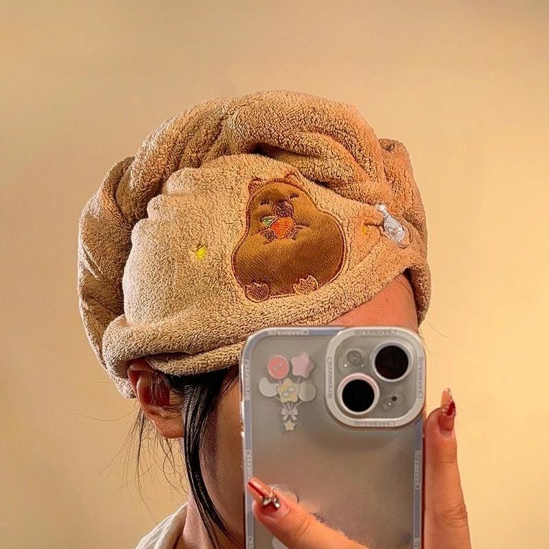 Cute Cartoon Capybara Plush Dry Hair Cap Good Absorbent Quick Dry Coral Velvet Shower Cap for Women Kid Kawaii Girl Hair Towel