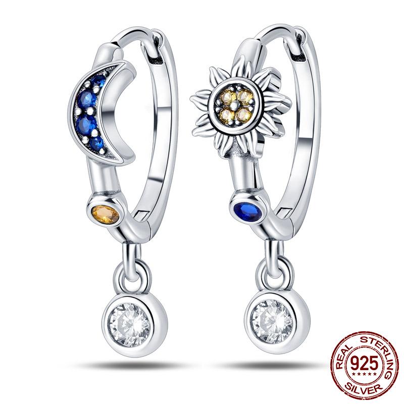 Luminous Shell Women Earrings Original 925 Sterling Silver Pave CZ Star Moon Hoop Earrings Engagement Wedding Jewelry