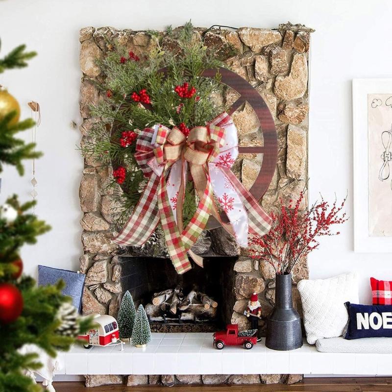 Christmas Wooden Wagon Wheel Wreath Simulation Winter Themed Party Bar Door
