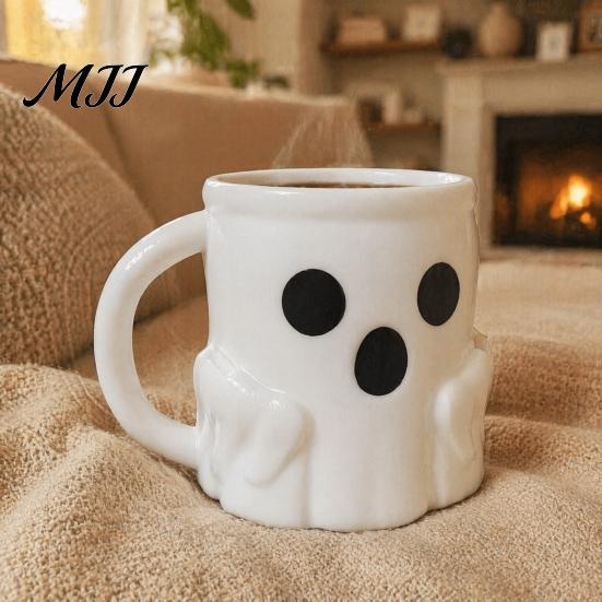 Reusable Wide Mouth Tumbler Halloween Ice Cream Mug with Spoon Holder, 3D Printed Cute Ghost Mug, Coffee Slot Drinking Cup Pen Holder Decor, Christmas