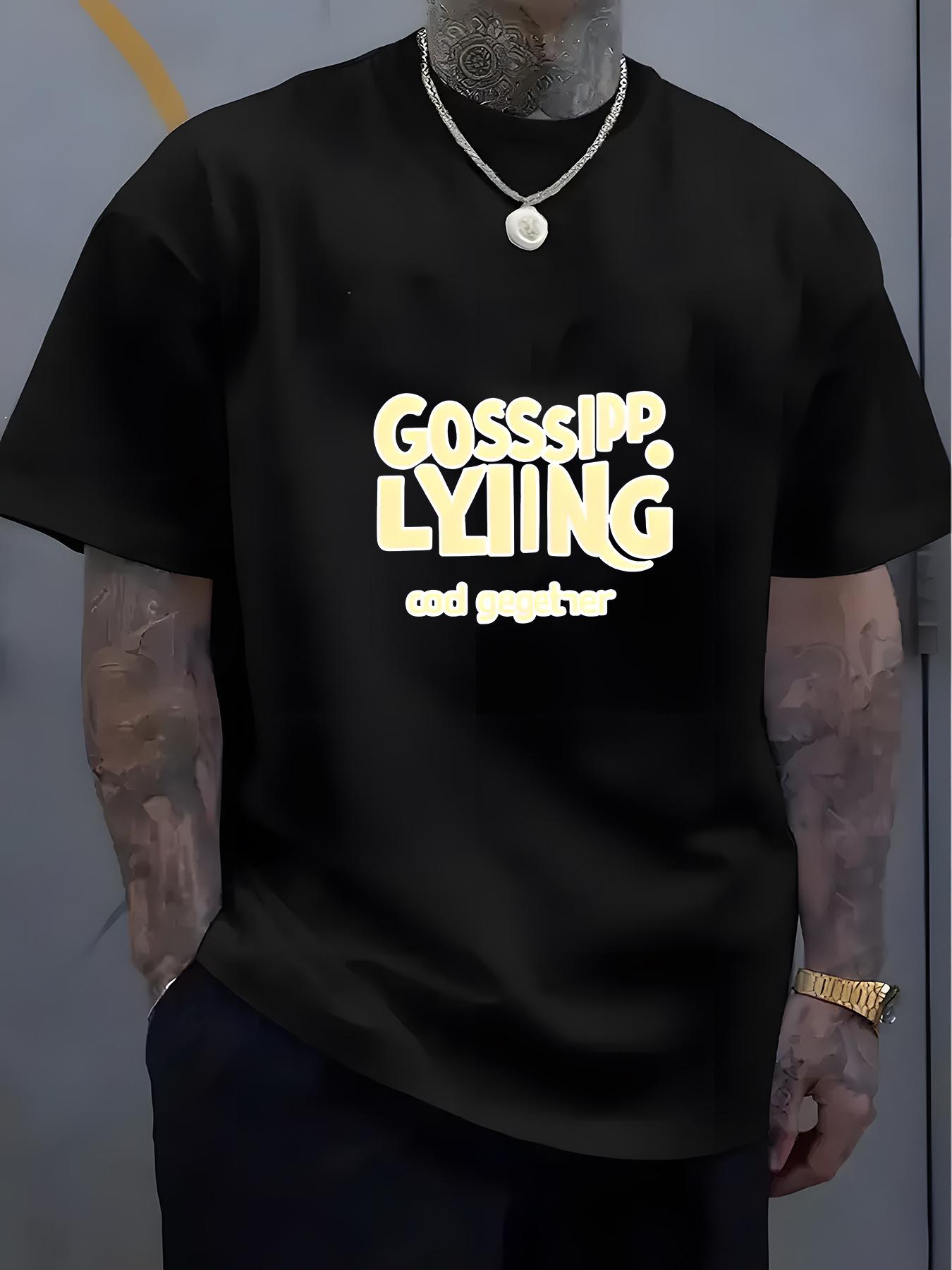 Black Casual Crew Neck T-shirt with Bold Yellow & White Letter Graphic - 100% Polyester Knit L