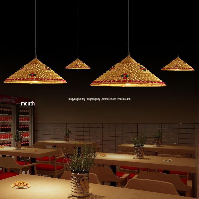 Bamboo Weaving Straw Hat Chandelier - Southeast Asian Wabi-Sabi Style Rattan Lampshade for Farmhouse Decor.