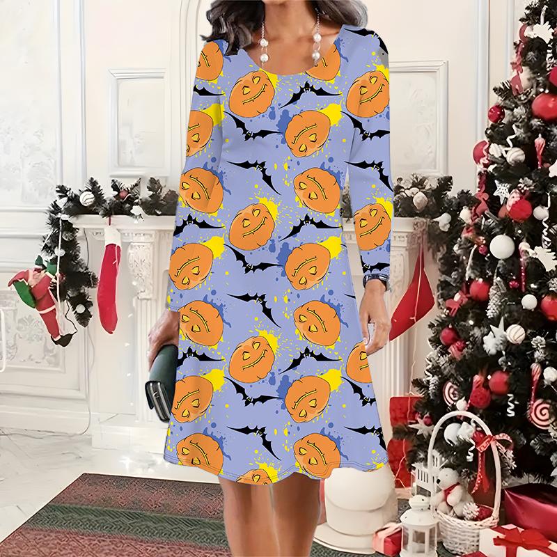 2025 Podzim & Zima Dámské Nové Ležérní Šaty s Kulatým Výstřihem 3D Halloweenský Vzor Ideální Halloweenský Vánoční Dárek