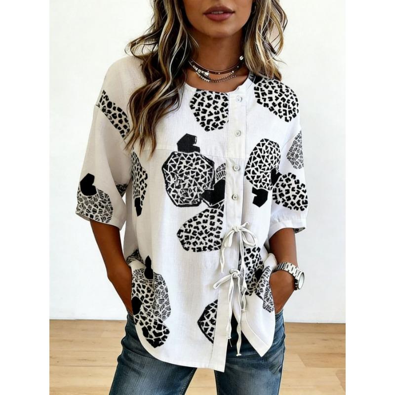 Women's Spring Summer 3D Printed Button Front Drawstring Retro Blouse, Brown Leopard Snake Heart Geometric Patchwork Top