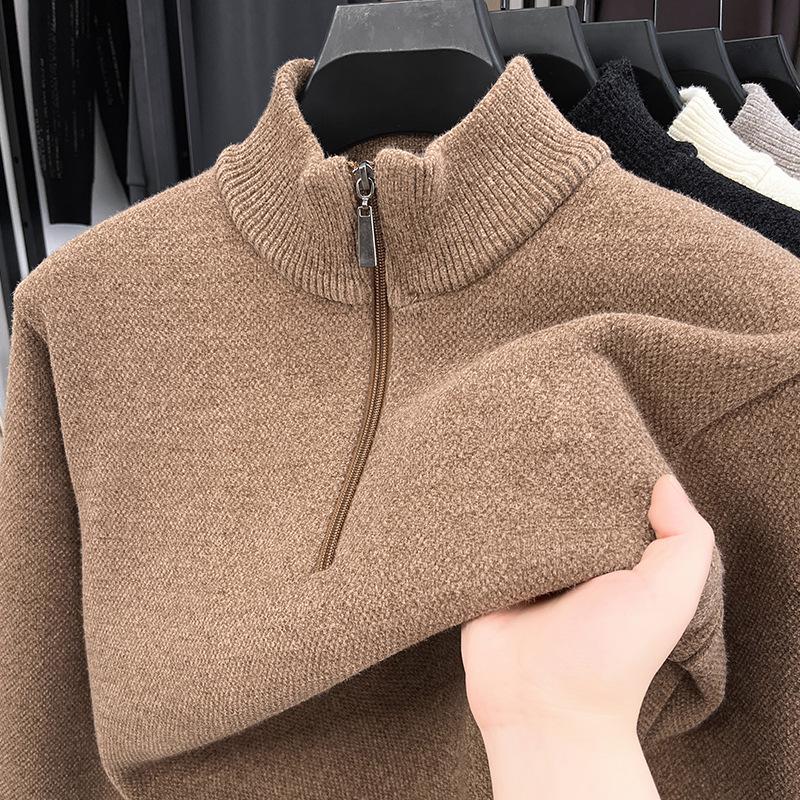 Men's Fleece-Lined Half-Zip Sweater - Winter Casual Solid Color Knit