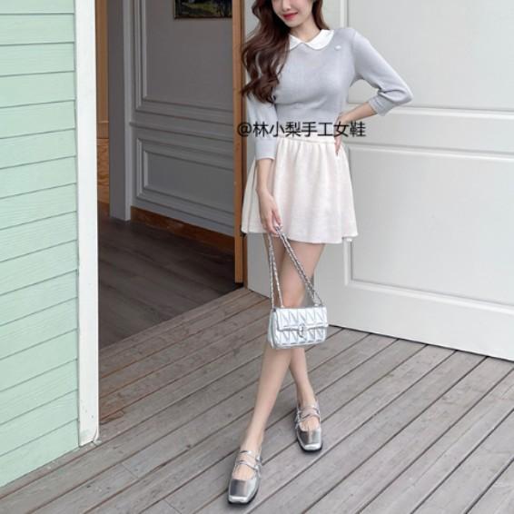 Sheepskin version~ Leather cross-buckle with light mouth flat-soled single shoes women's retro French silver ballet shoes Mary Jane shoes