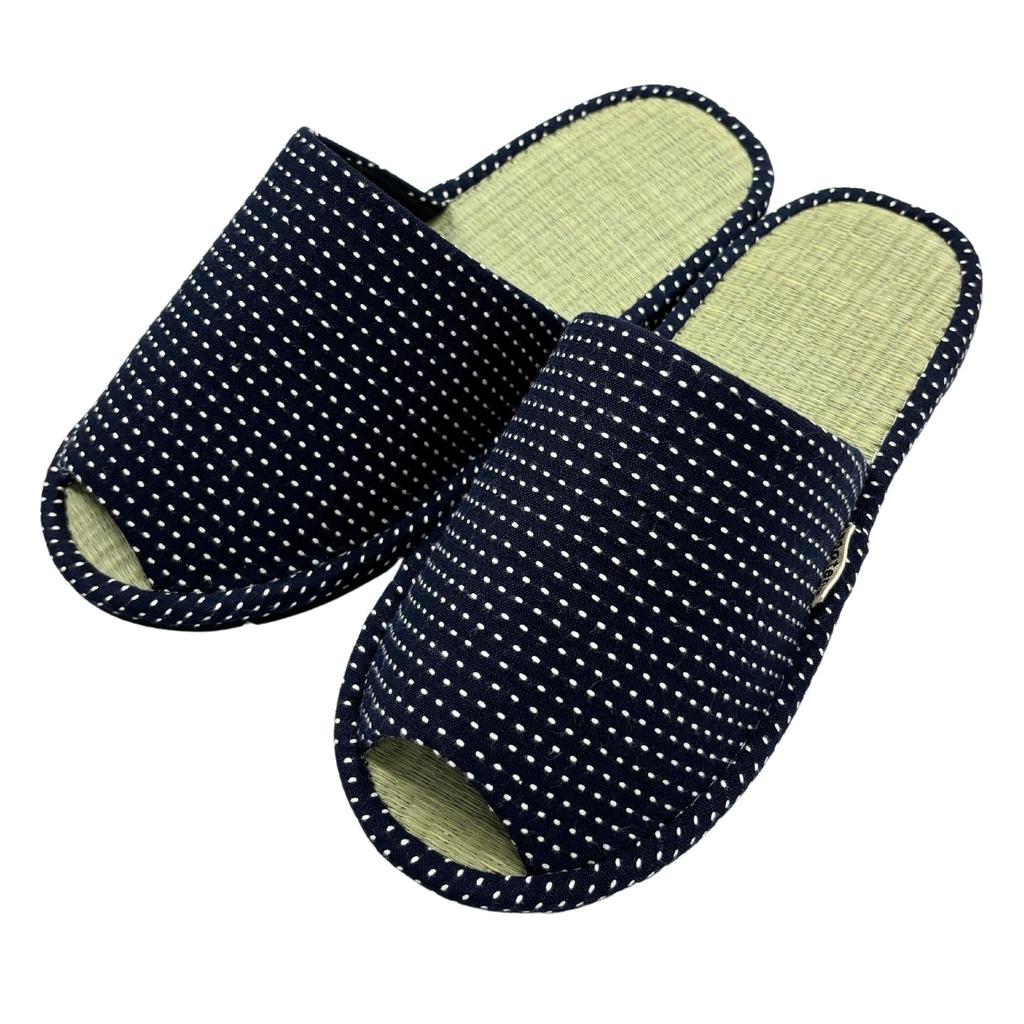 Edoten Indoor Slippers, Made in Japan with Igusa Rush Fabric, Kurume Sashiko Pattern, Front Opening, White Sashiko, Size L (26cm-27cm)