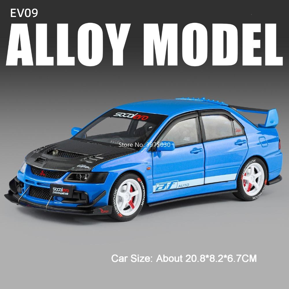 1:24 Mitsubishi EVO9 GTR-R34 Spielzeugautos Metallmodelle Rad Rückzug Miniaturauto Simulierter Innenraum Fahrzeuge Tischdekoration