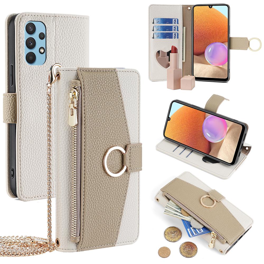 For Samsung Galaxy A32 4G (EU Version) Case PU Leather Wallet Cover with Crossbody Shoulder Strap