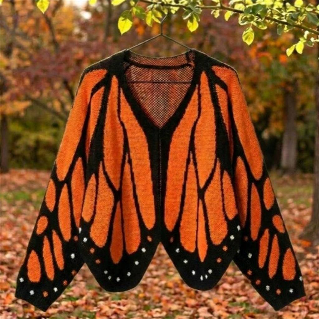 Creative Butterfly-Pattern Knit Cardigan – Color-Block Loose -Sleeve Jacket for /Winter (Children's )