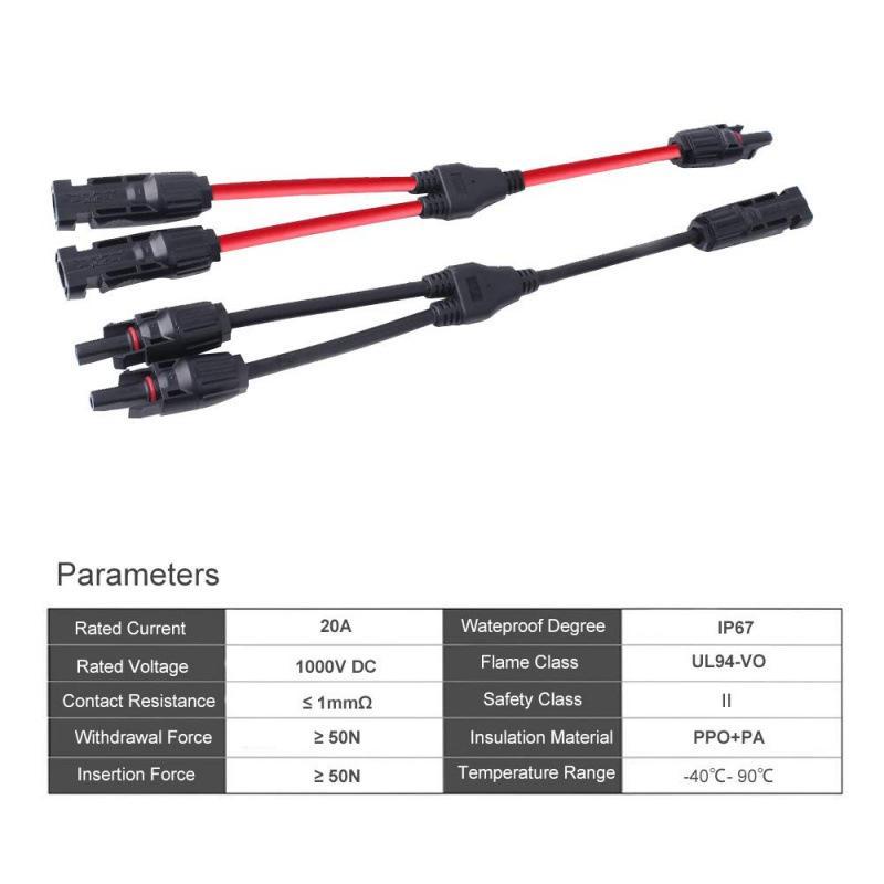 Power Solar Connectors 20A Y-Branch Cable, Solar Cable Parallel Adaptor In Pair For Solar Panel 1*M/Ff+1*F/Mm Black Red Power