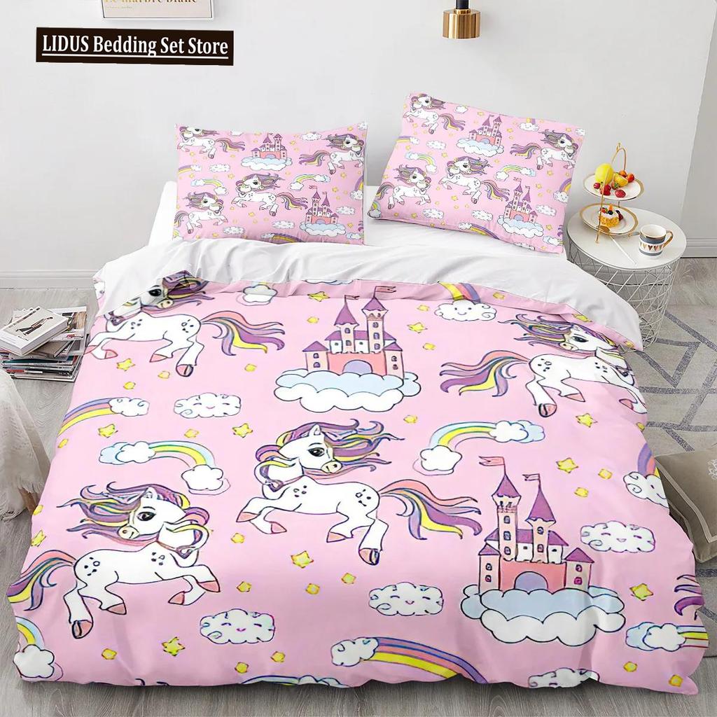 Cartoon Unicorn Duvet Cover King Queen Lovely White Mythical Animal Bedding Set Kids Girl Colorful Rainbow Polyester Quilt Cover