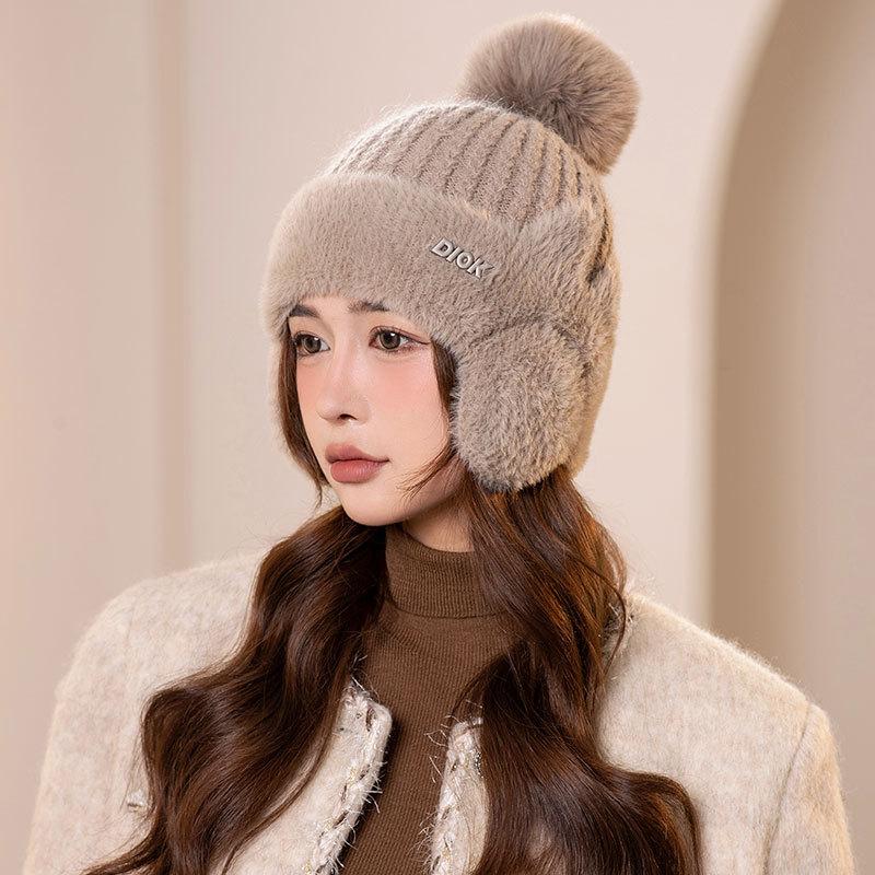 Fleece warm knitted ear protection hat women's winter cold-proof pullover wool hat outdoor cycling sports plush hat