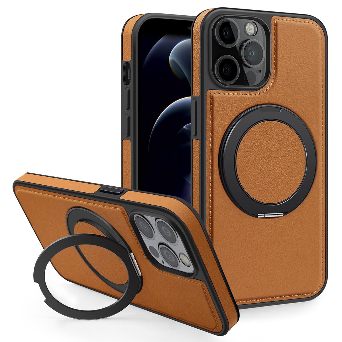 

For iPhone 12/12 Pro Case with Ring Kickstand Compatible with MagSafe PU Leather Back Cover Brown