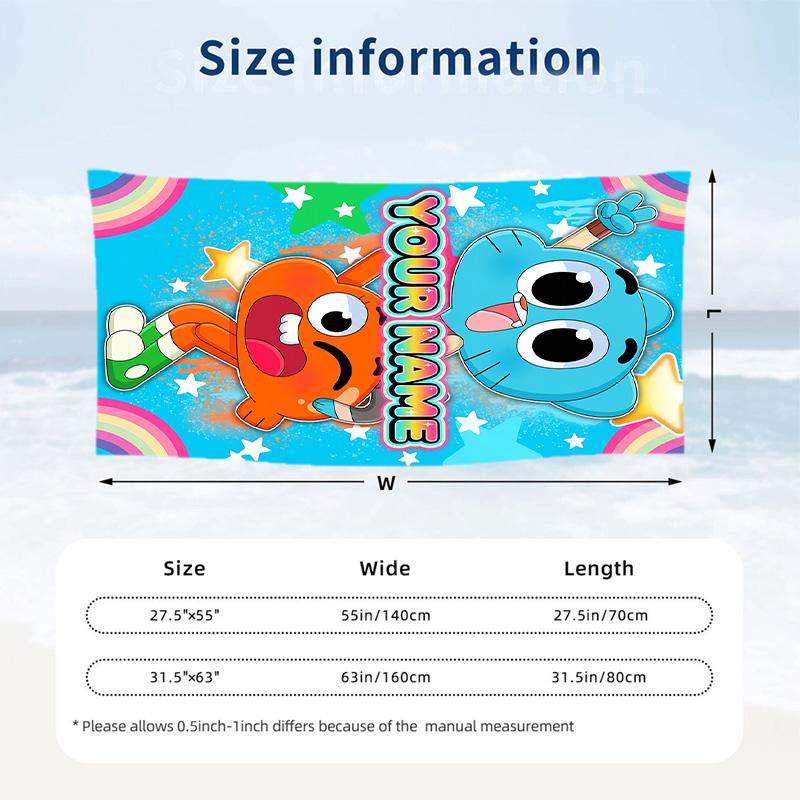 Amazing World of Gumball Beach Towel, Personalized Custom Text, Quick Dry Soft Large Towel For Swimming Pool Travel