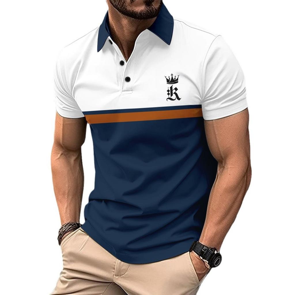Colour Block Printed Short Sleeve Top Men's Daily Casual Lapel Polo Shirt