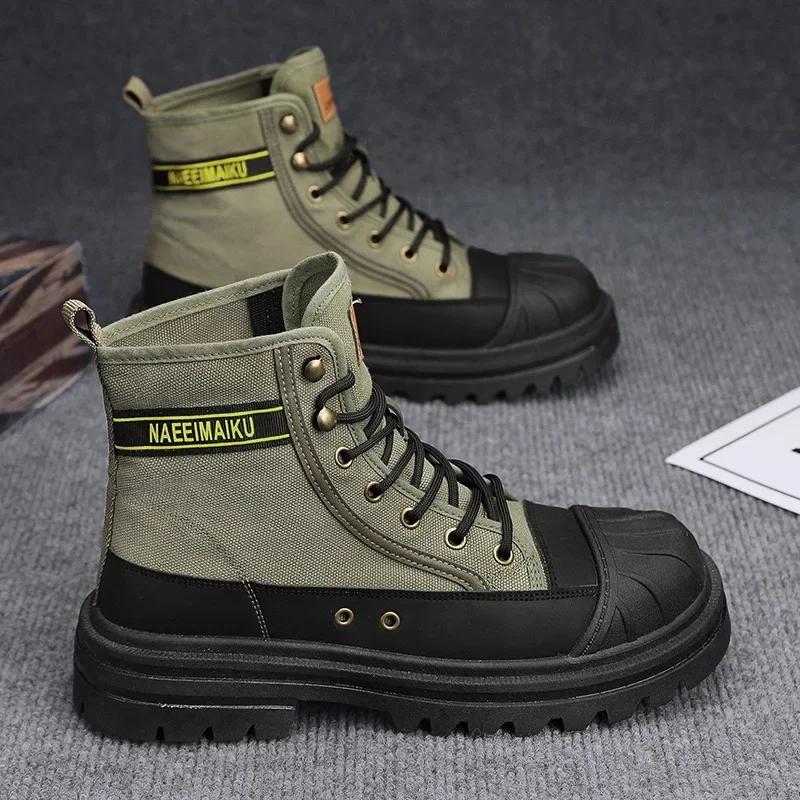 Herr Ankelstövlar Mode Höga Sneakers för Män Andningsbara Canvas Vardagsstövlar Halkfria Kängor Vandringskängor Botas Masculinas