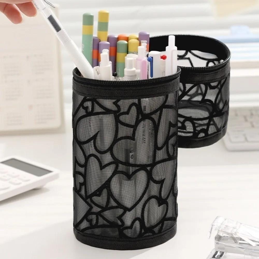 Clear Mesh Pencil Case Love Heart Mesh Makeup Pouch Pencil Case Mesh Storage Bag Student