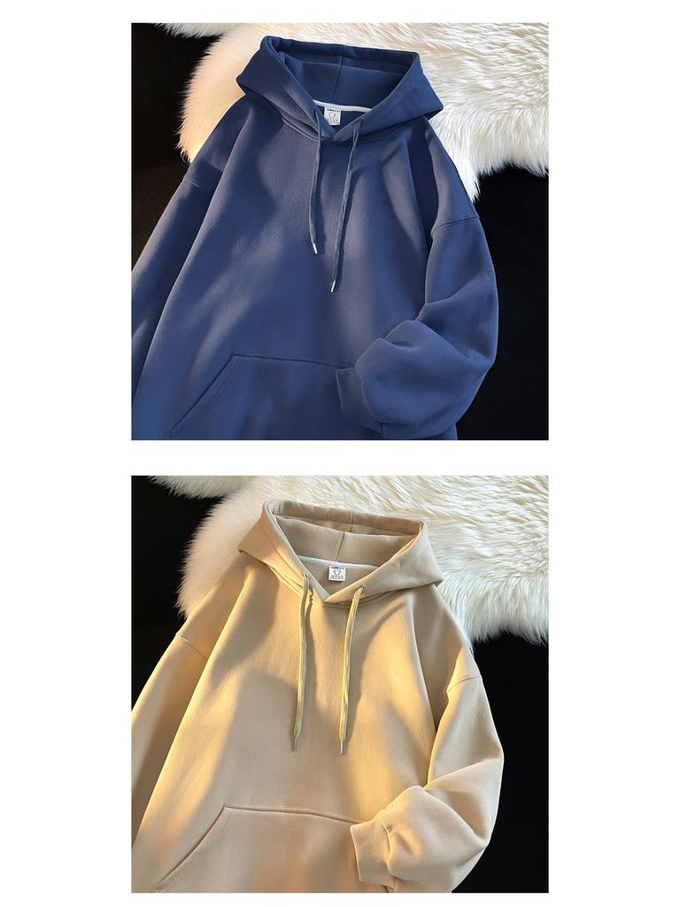 Men's Dark Green High-Gloss Heavy Oversized Hooded Sweatshirt for Autumn/Winter, Plus Velvet, Basic Style.