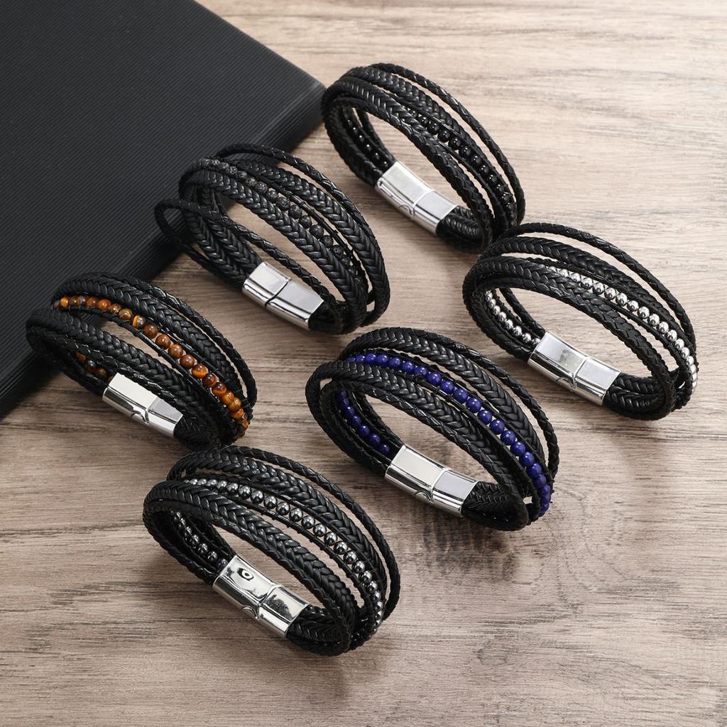 Beaded Natural Handmade Stone Magnetic Clasp Bracelet Vintage Punk Men Jewelry