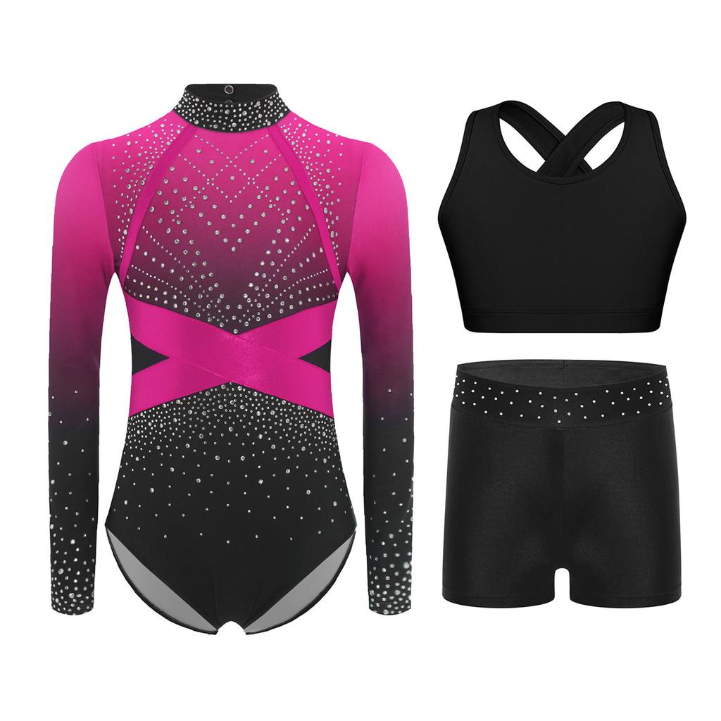Girls Sparkly Rhinestones Color Block Leotard Long Sleeve Keyhole Back Design Cross Back Vest Shorts Skating Outfit