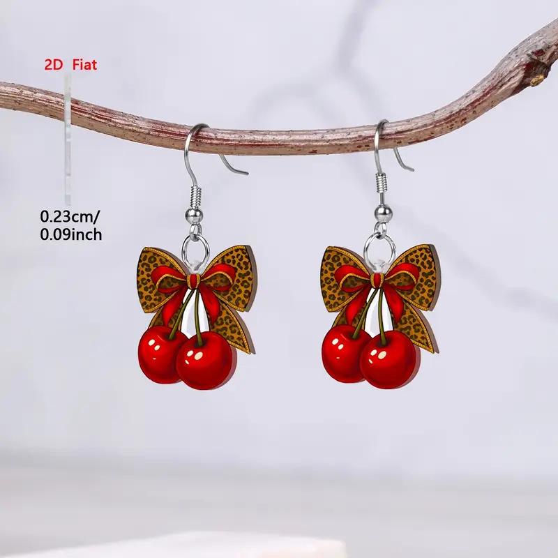Cross-border new red cherry earrings 2D flat acrylic cute sweet creative leopard print bow earrings