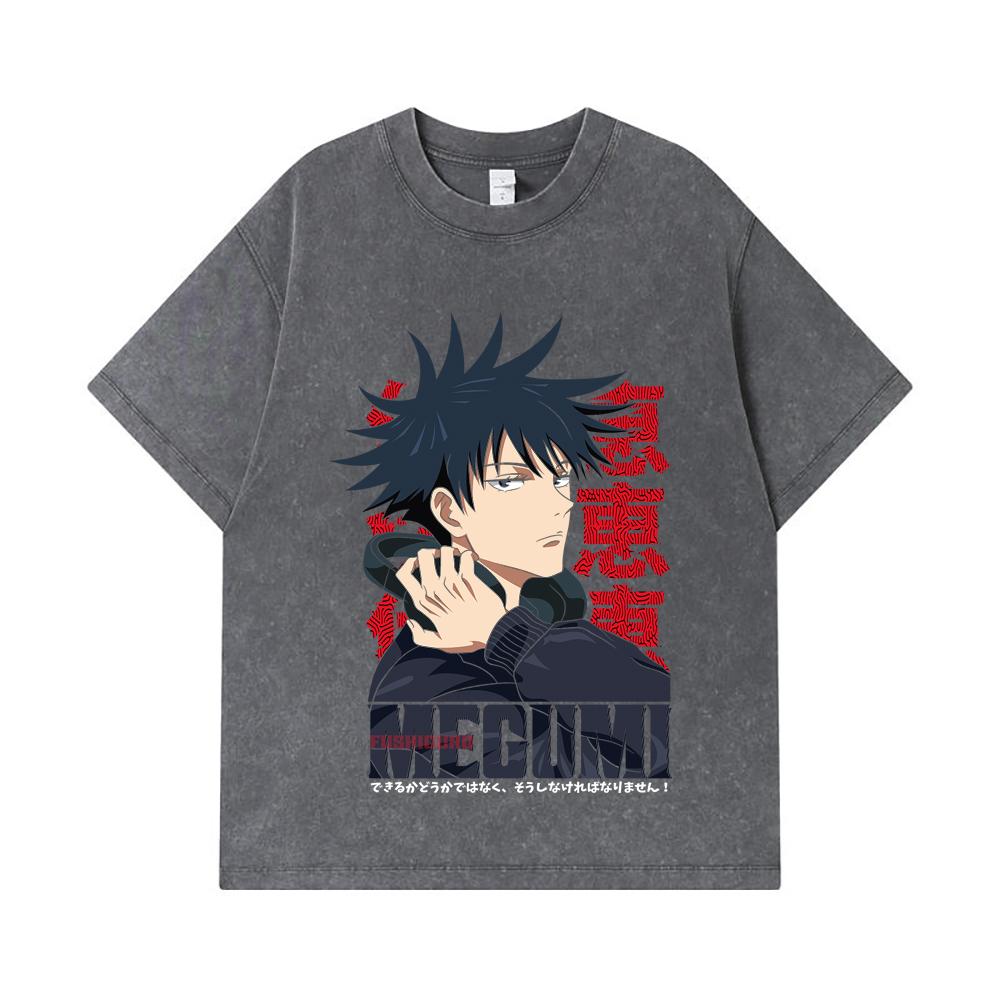 275 GSM Washed T-shirts 100% Cotton Jujutsu Kaisen V38 Megumi Print Unisex Heavy Cotton T Shirt