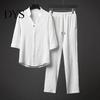Casual Comfort Sportswear 2Pcs/Set Men Sports Suit V-neck Short Sleeve Single Breasted Shirt Elastic V-Neck Top Long Trousers Set Drawstring